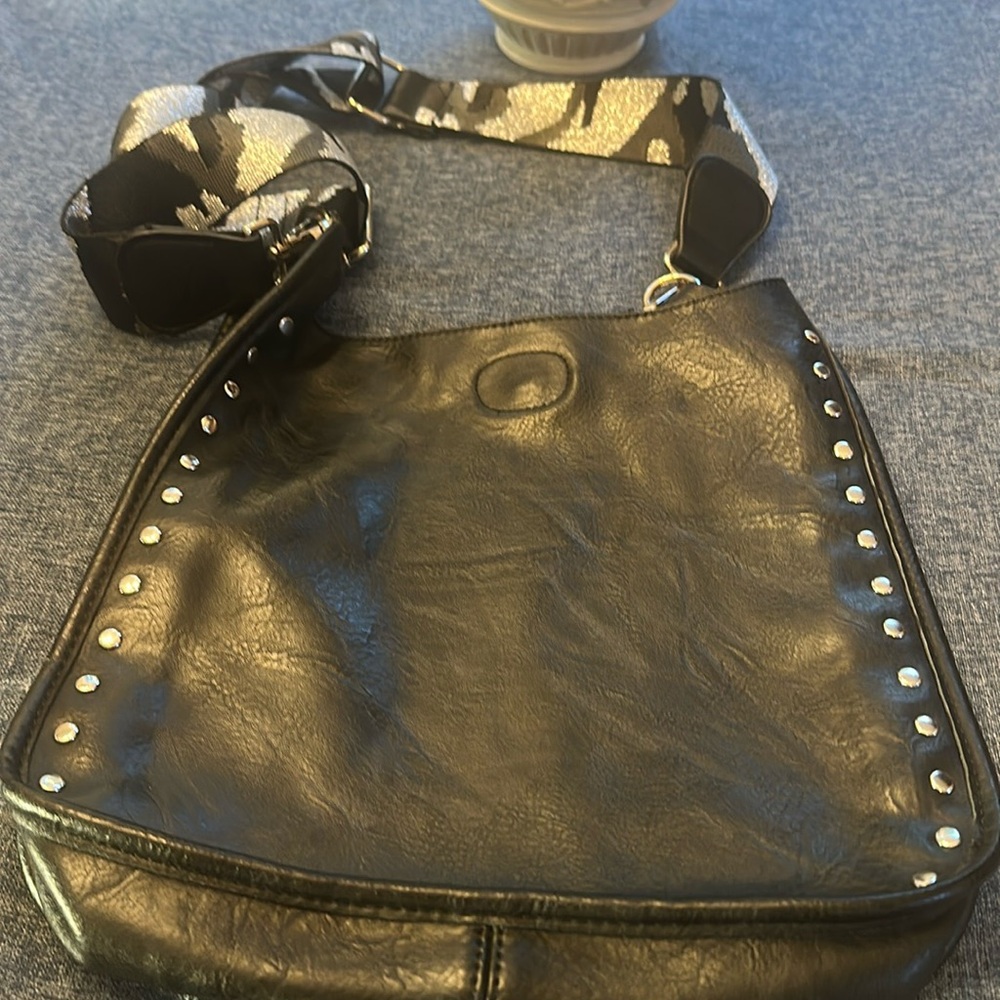 Black Studded Vegan leather Crossbody/Messenger Bag w/Camo silver & black Strap